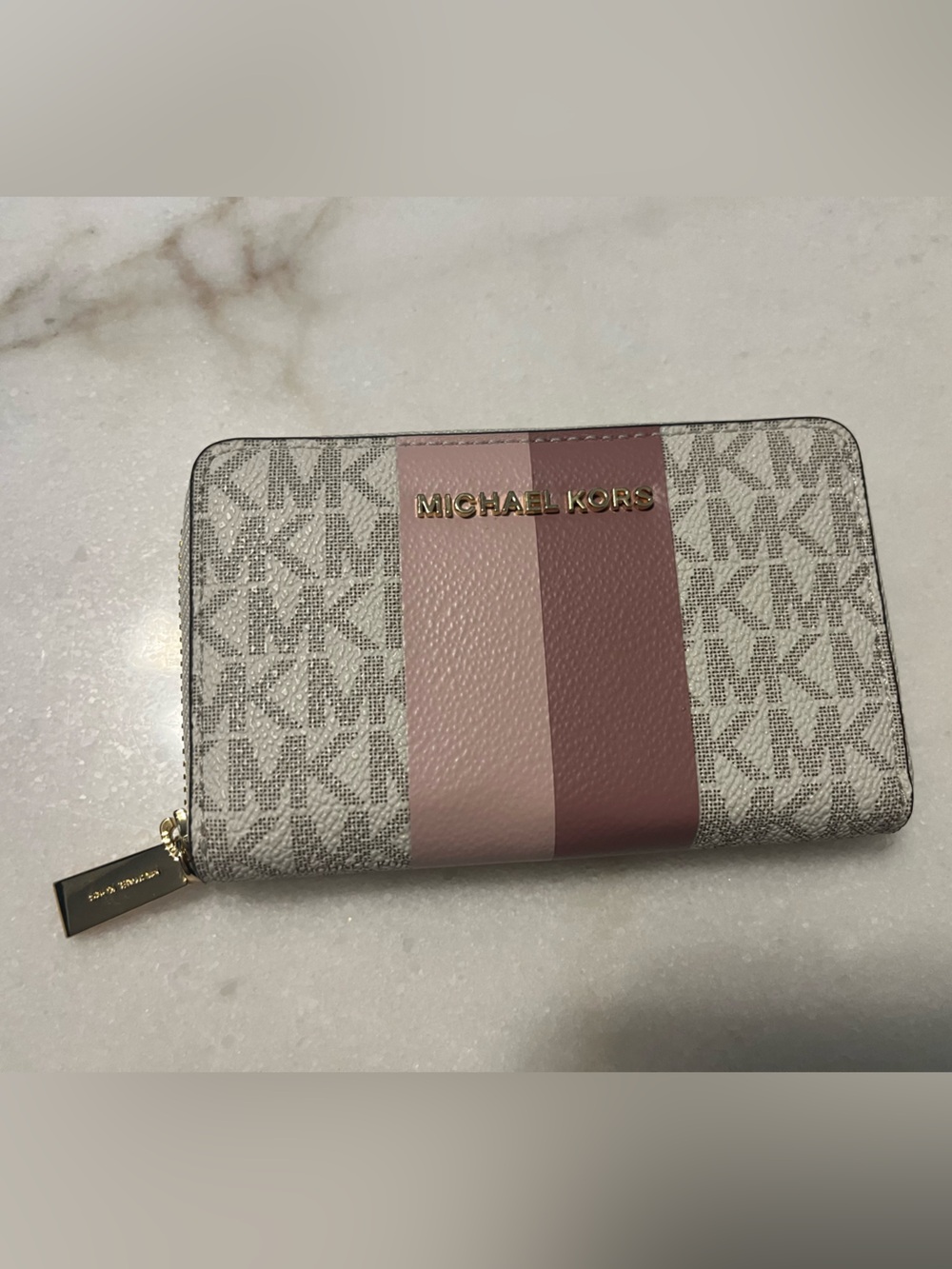 Michael Kors Logo Zip Wallet with Pink Stripe Accent